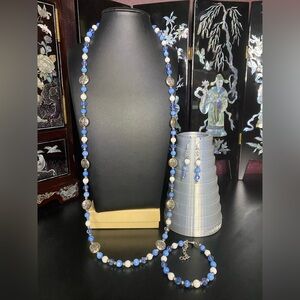 Handmade milk glass, blue MOP & crystal butterfly beaded necklace set
